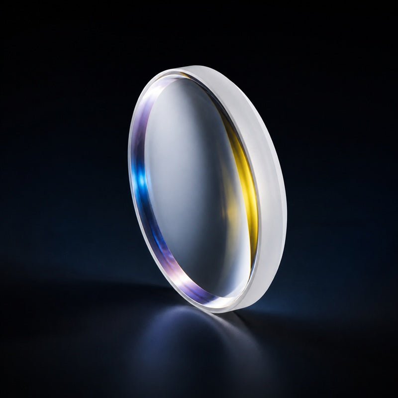 UV Fused Silica Bi-Convex Lens front product view on a dark background
