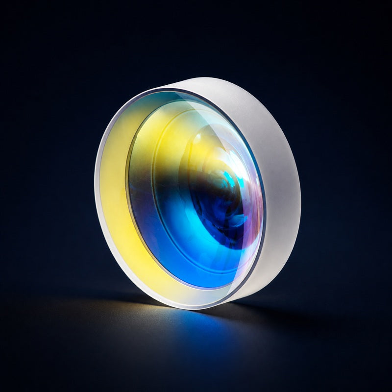 UV Fused Silica Plano-Concave Lens front product view on a dark background