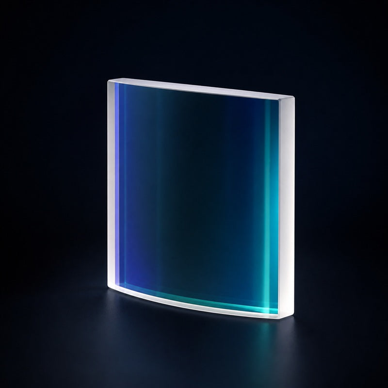 UV Fused Silica Plano-Concave Cylindrical Lens front product view on a dark background