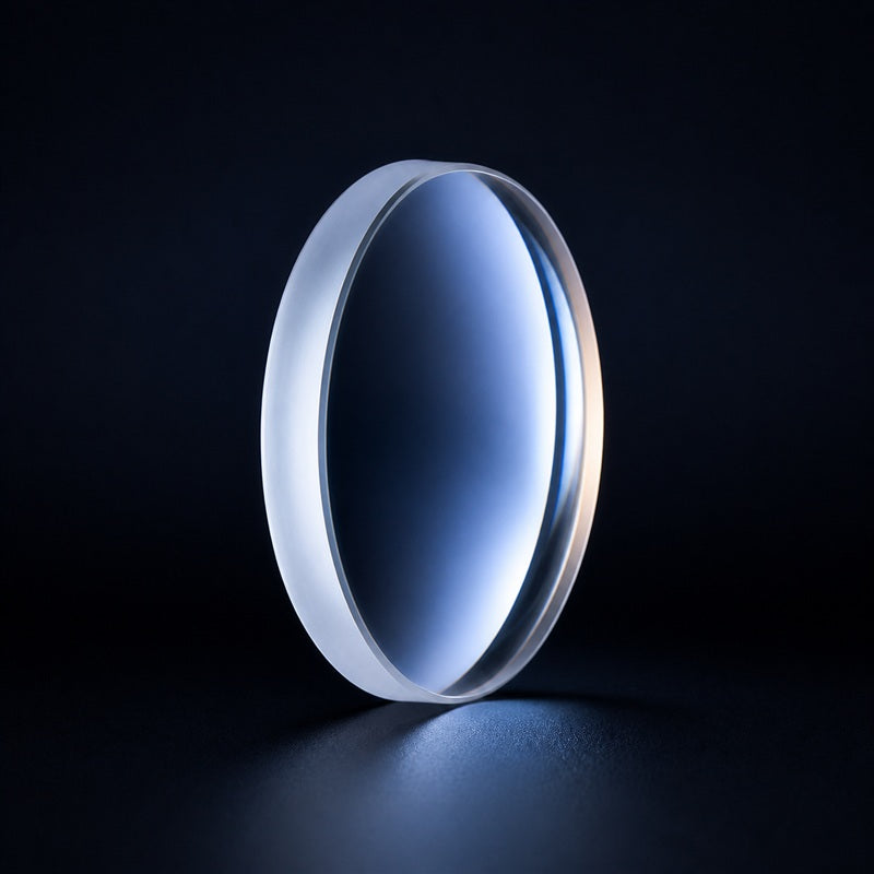 Angled view of K9 Positive Meniscus Lens for laser focusing, imaging and beam-shaping systems