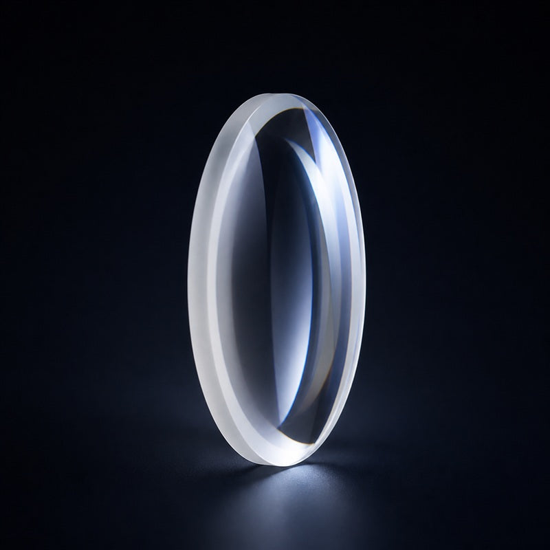UV Fused Silica Positive Meniscus Lens front product view on a dark background