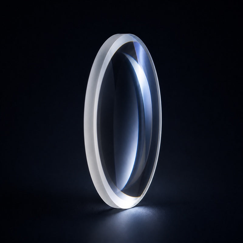 Angled view of UV Fused Silica Positive Meniscus Lens for laser focusing, imaging and beam-shaping systems
