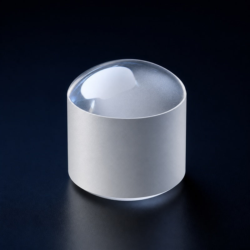 UV Fused Silica Drum Lens front product view on a dark background