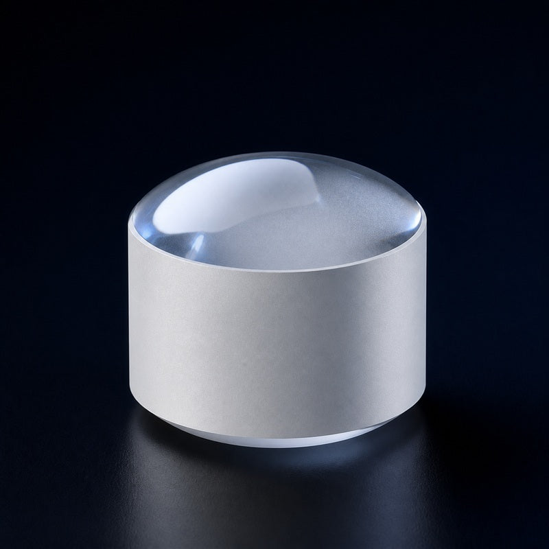 Angled view of UV Fused Silica Drum Lens for laser focusing, imaging and beam-shaping systems