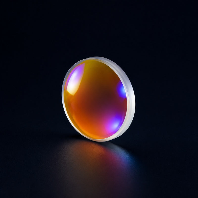 Angled view of K9 Plano-Convex Lens, 1050-1700 nm AR Coating for laser focusing, imaging and beam-shaping systems