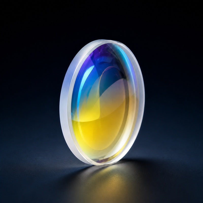 Angled view of K9 Plano-Convex Lens, 650-1100 nm AR Coating for laser focusing, imaging and beam-shaping systems