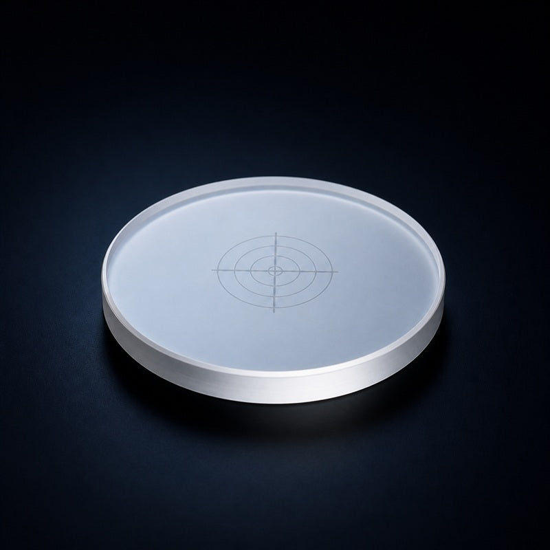 Angled view of 19 mm Aiming Reticle for machine vision, microscopy and optical calibration