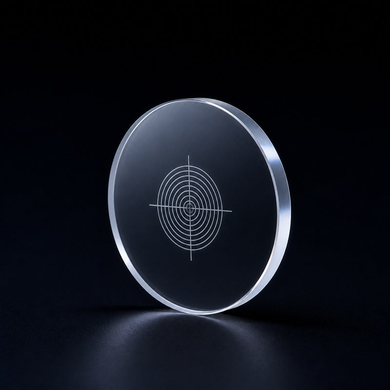 Angled view of 25.4 mm Concentric-Ring Reticle for machine vision, microscopy and optical calibration