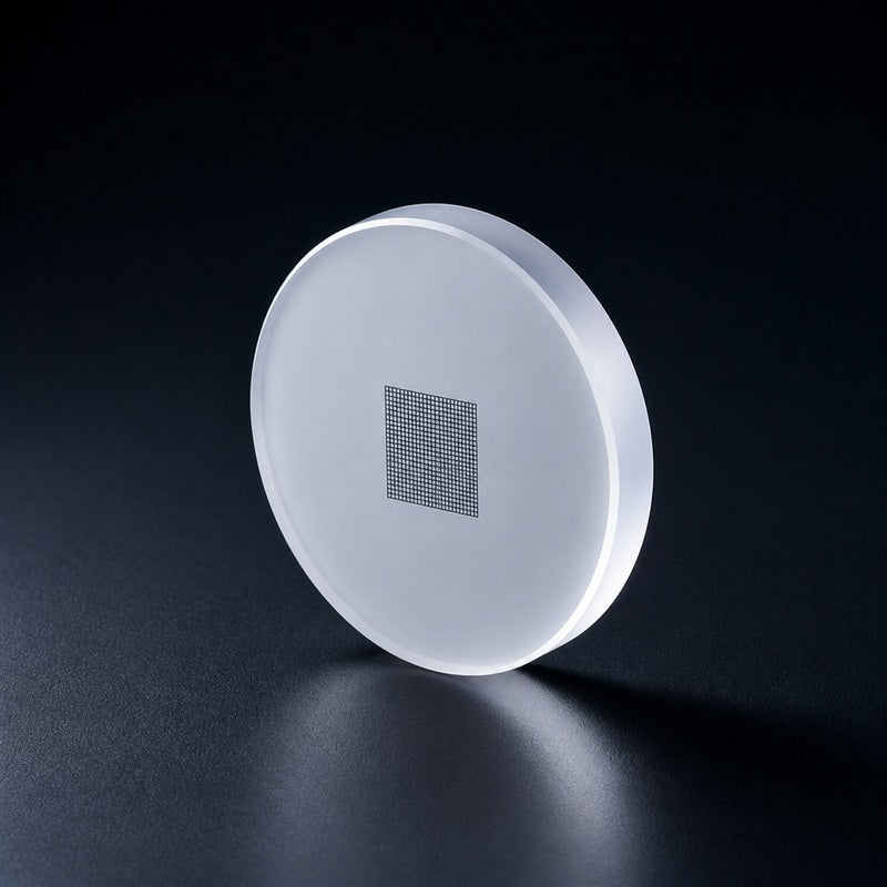 Angled view of 19 mm Two-Dimensional Measurement Reticle for machine vision, microscopy and optical calibration
