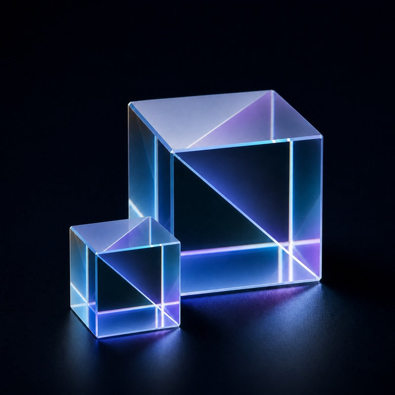 Angled view of Standard Beamsplitter Cube for beam splitting, interferometry and imaging systems