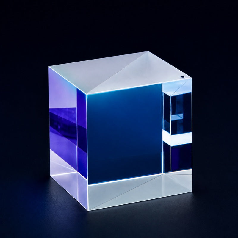 Angled view of Non-Polarizing Beamsplitter Cube for beam splitting, interferometry and imaging systems